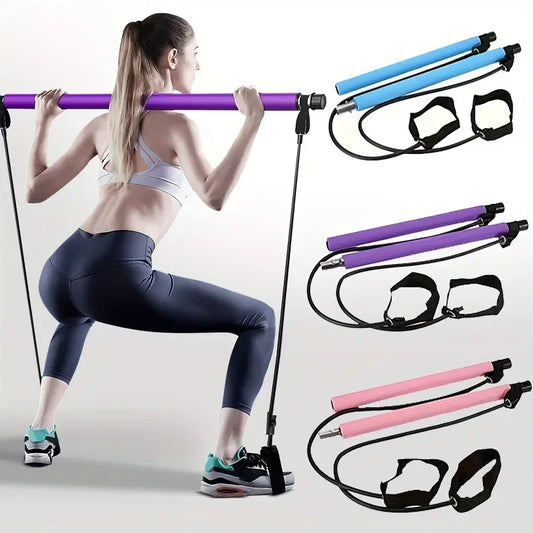 Portable Pilates Bar Kit – Resistance Band Yoga Stick with Foot Loops