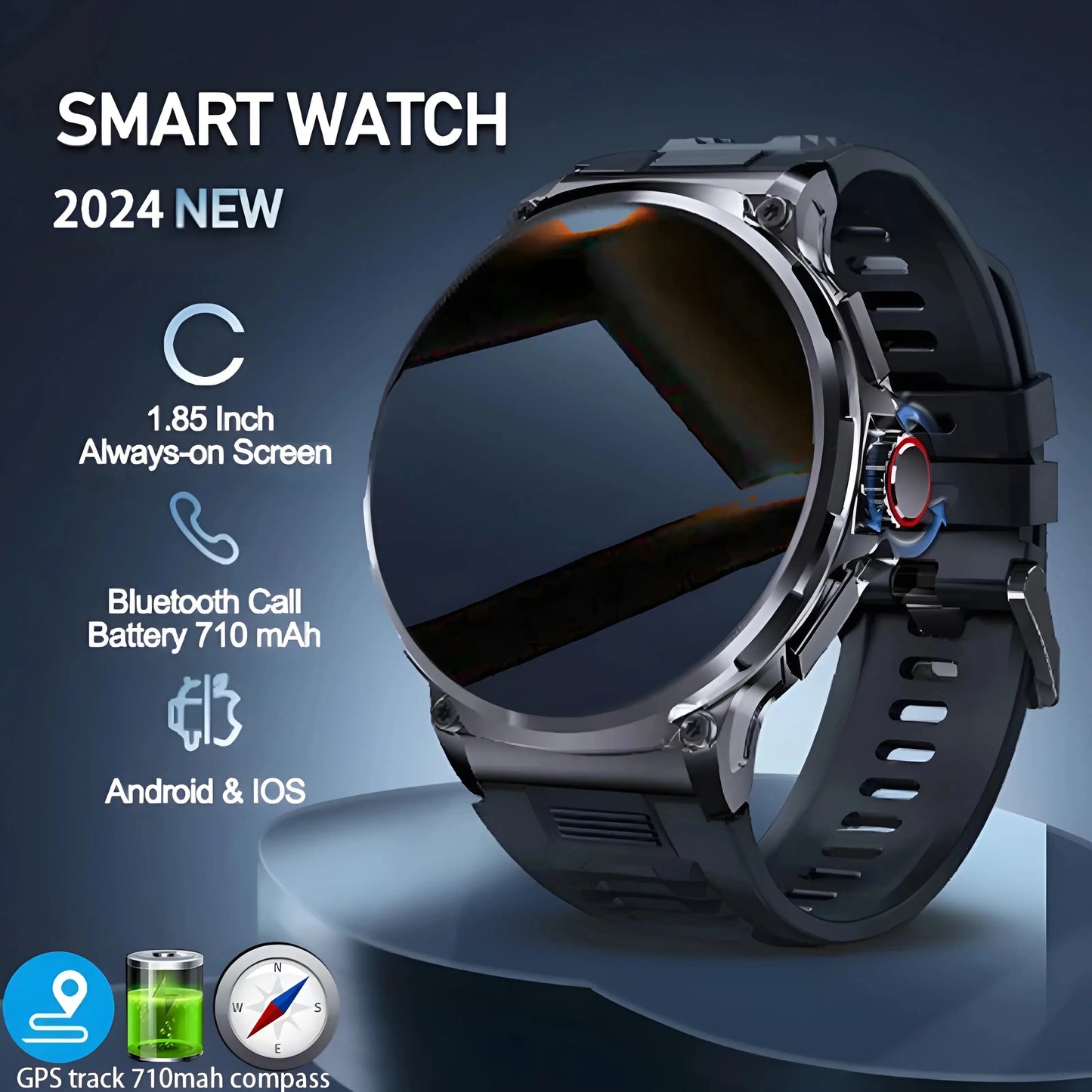 1.85" Ultra HD Smartwatch with GPS, Bluetooth Call, 710mAh Battery
