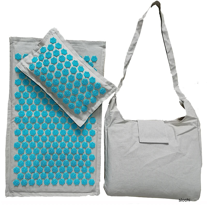 74×44cm Nature Linen Coconut Palm Acupressure Massage Yoga Mat with Pillow and Bag | Lotus Spike Cushion for Relaxation and Pain Relief