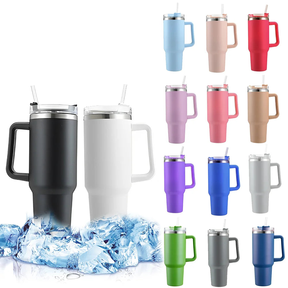 40oz Stainless Steel Insulated Tumbler – With Handle, Straw & Lid