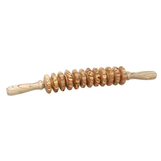Wooden Trigger Point Massage Roller – 12-Wheel Handheld Muscle Relief Tool