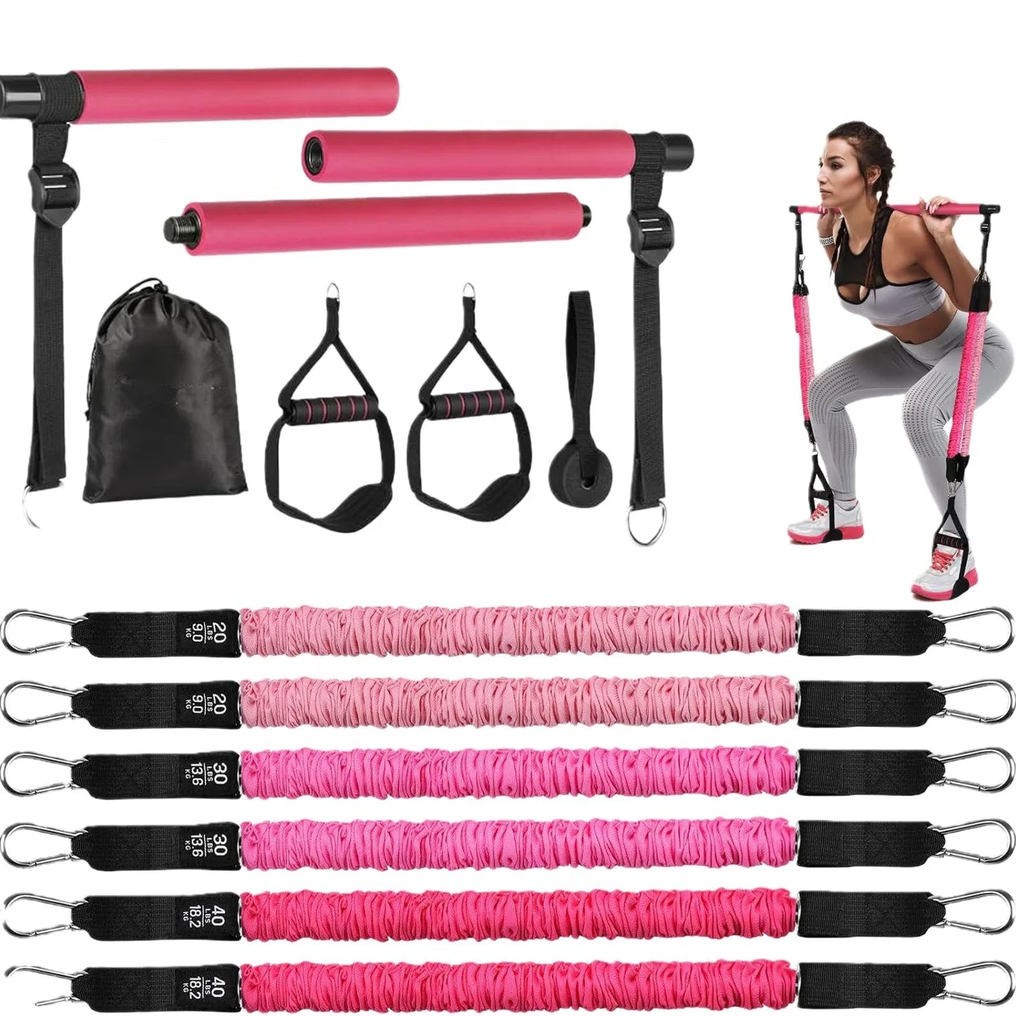 Portable Pilates Bar Kit – 180LBS Resistance Bands for Full-Body Workout