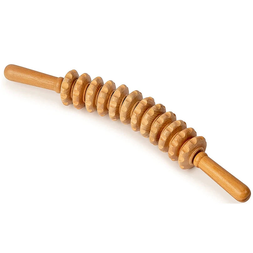 Wooden Trigger Point Massage Roller – 12-Wheel Handheld Muscle Relief Tool