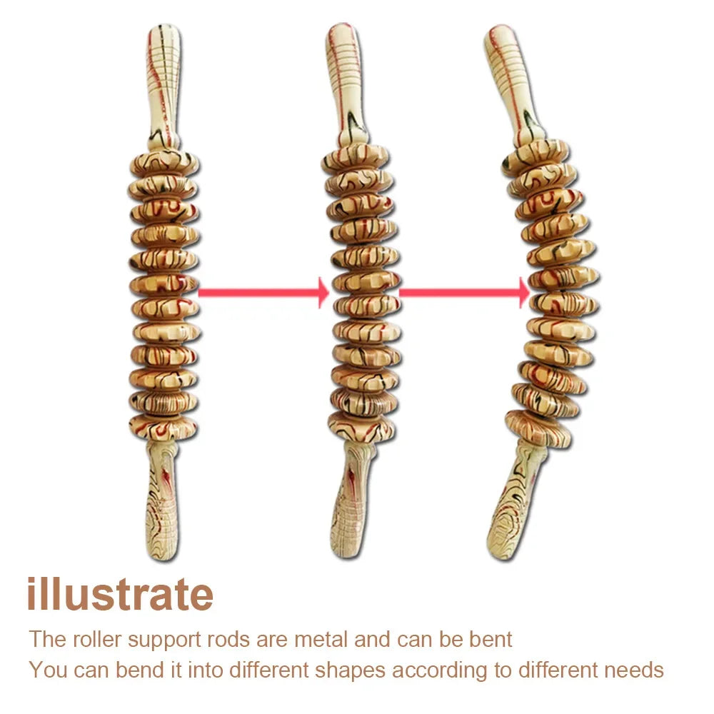 Wooden Trigger Point Massage Roller – 12-Wheel Handheld Muscle Relief Tool