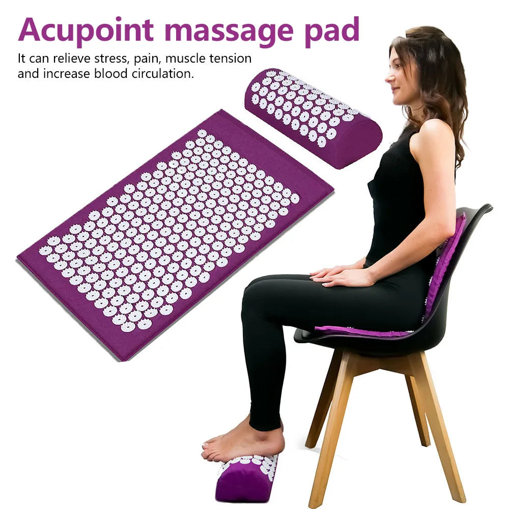 Massager Cushion Massage Yoga Mat Acupressure Set | Relieve Pain, Stress & Body Tension | Spike Mat, Pillow & Storage Bag Included