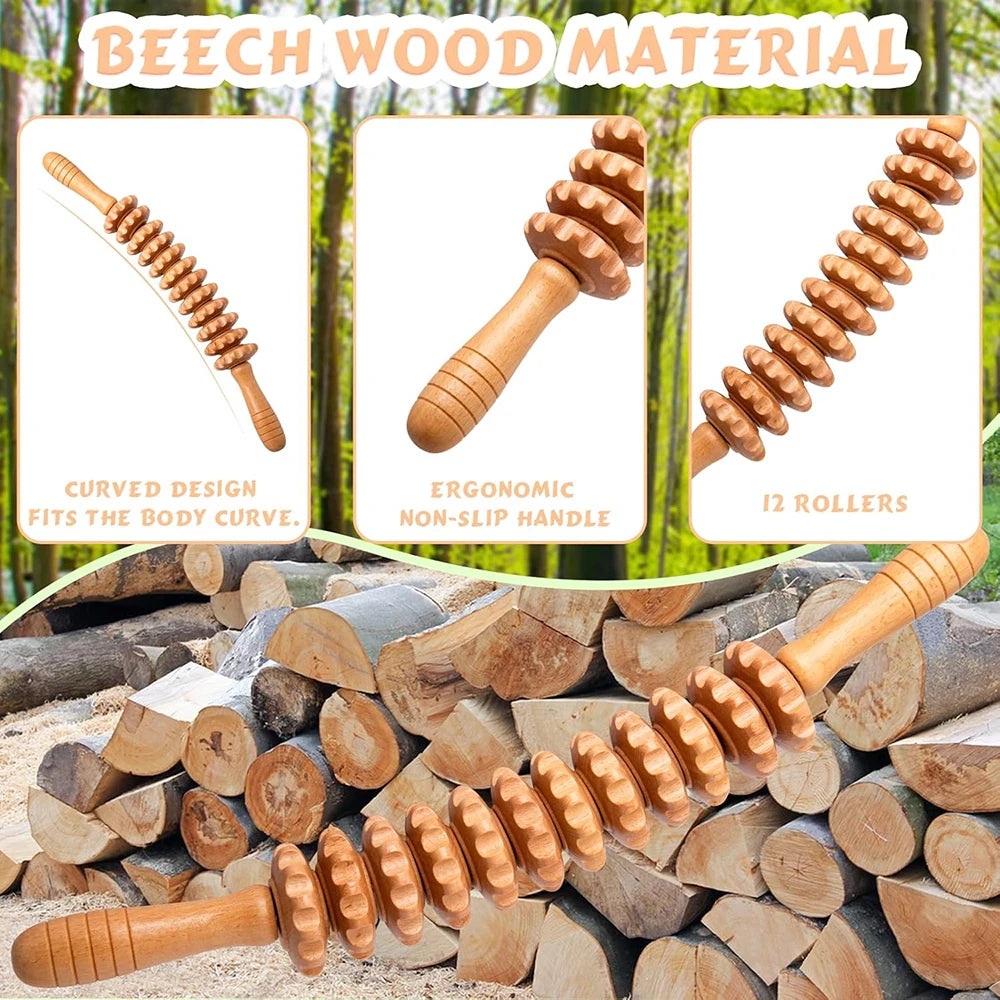 Wooden Trigger Point Massage Roller – 12-Wheel Handheld Muscle Relief Tool