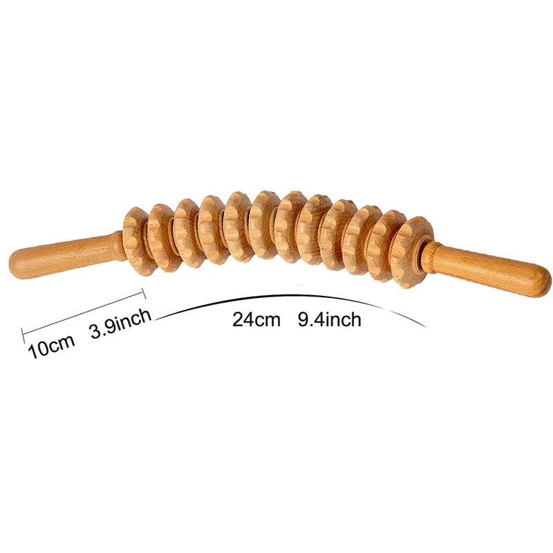 Wooden Trigger Point Massage Roller – 12-Wheel Handheld Muscle Relief Tool