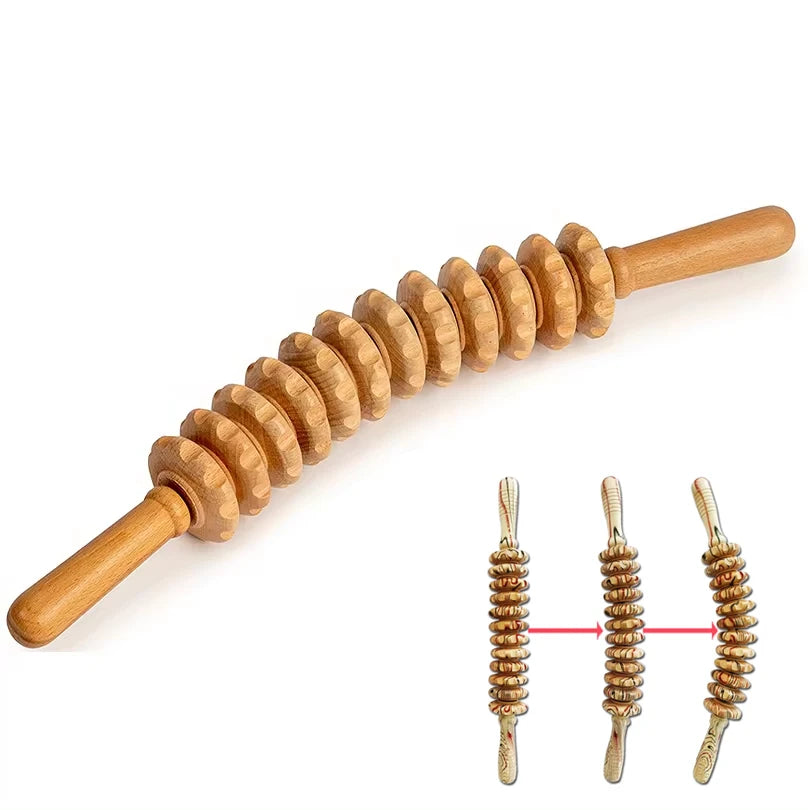 Wooden Trigger Point Massage Roller – 12-Wheel Handheld Muscle Relief Tool