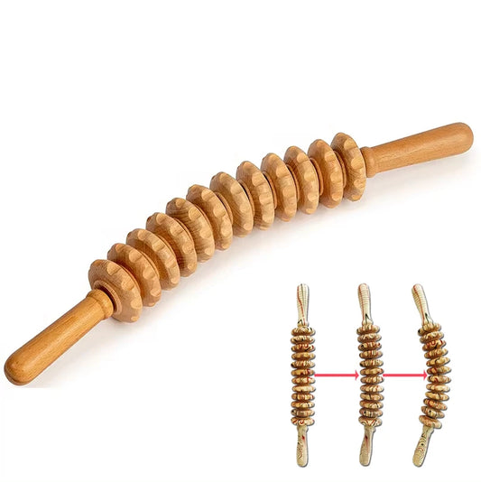 Wooden Trigger Point Massage Roller – 12-Wheel Handheld Muscle Relief Tool