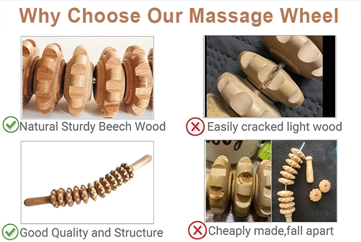 Wooden Trigger Point Massage Roller – 12-Wheel Handheld Muscle Relief Tool