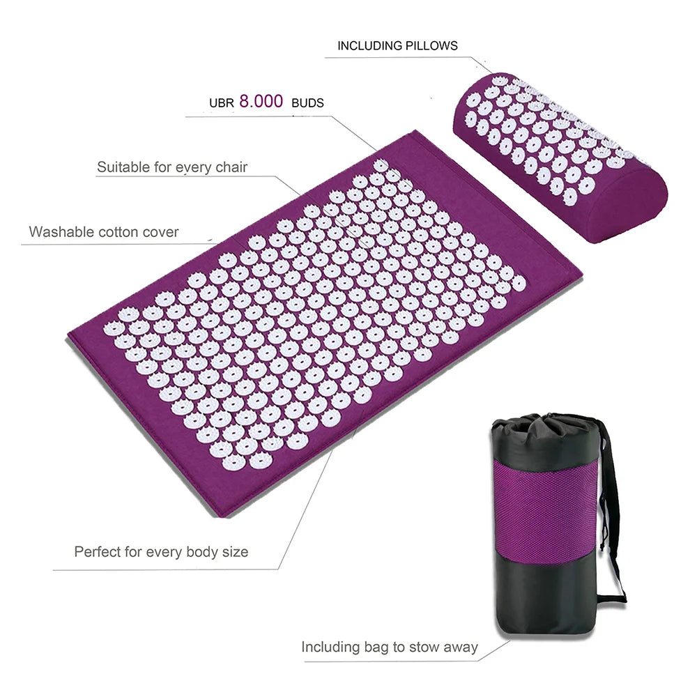 Massager Cushion Massage Yoga Mat Acupressure Set | Relieve Pain, Stress & Body Tension | Spike Mat, Pillow & Storage Bag Included